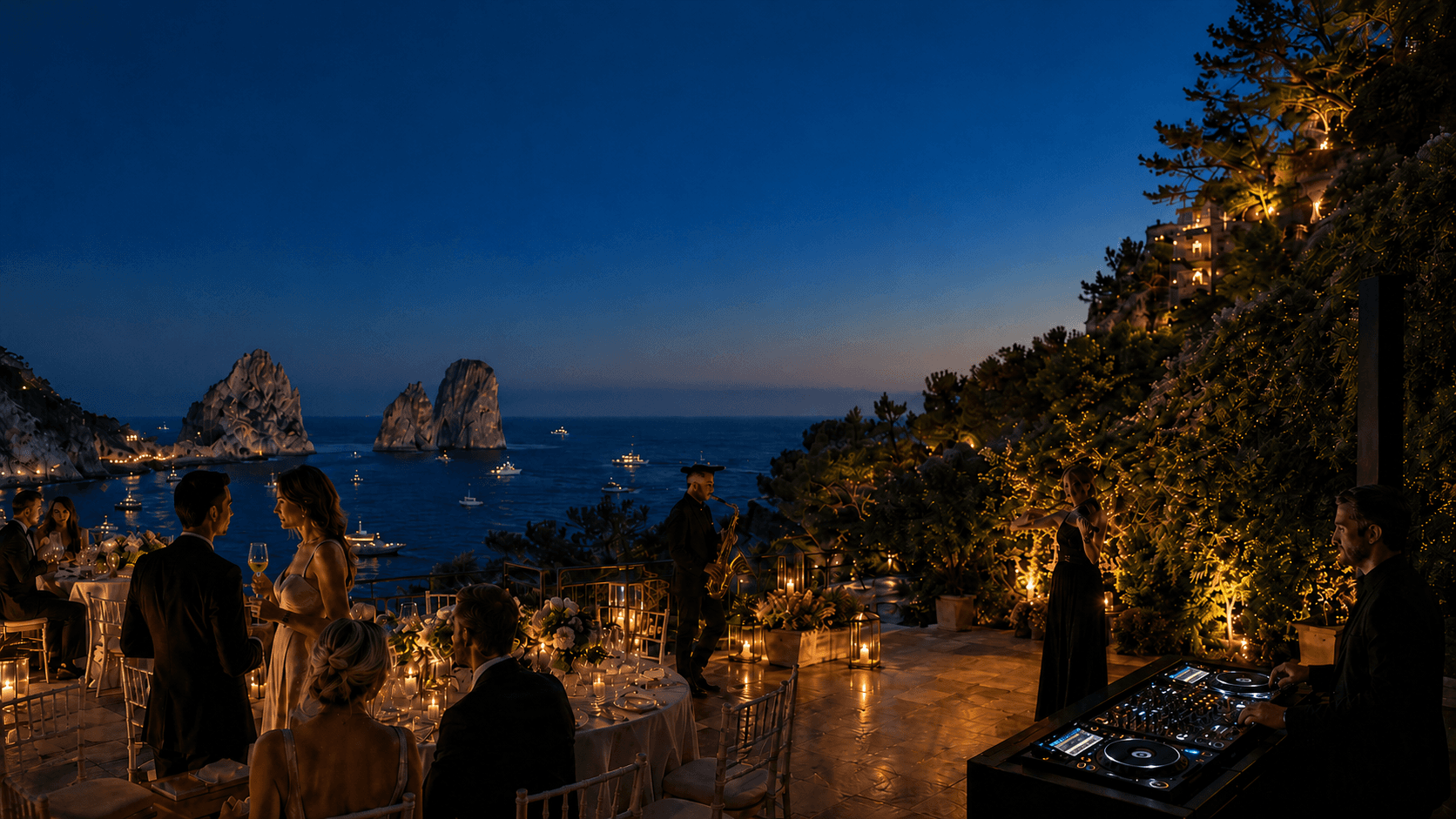 Twilight terrace dinner in Capri with live sax, violin and DJ overlooking the Faraglioni rocks