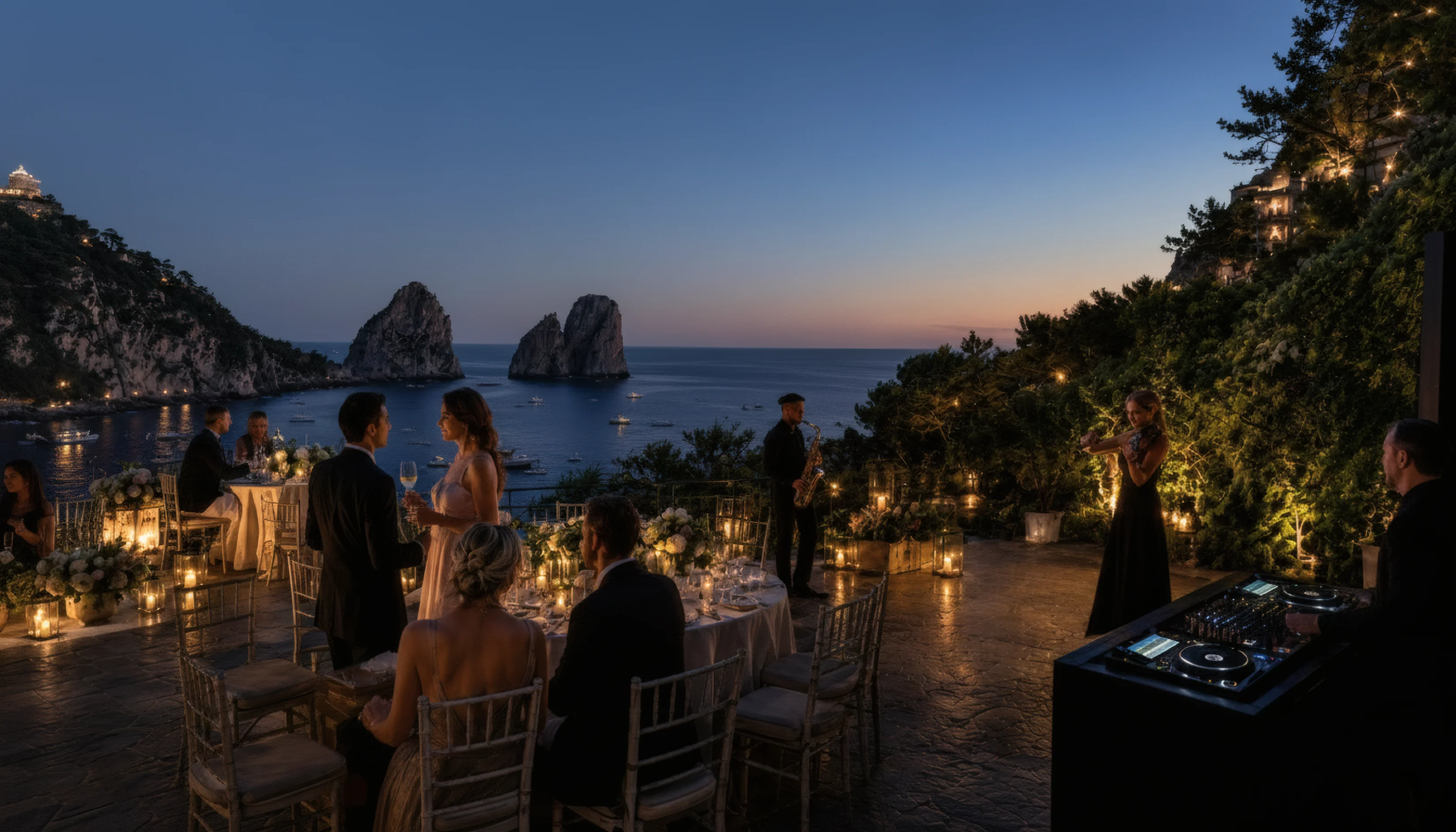 Twilight terrace dinner in Capri with live sax, violin and DJ overlooking the Faraglioni rocks